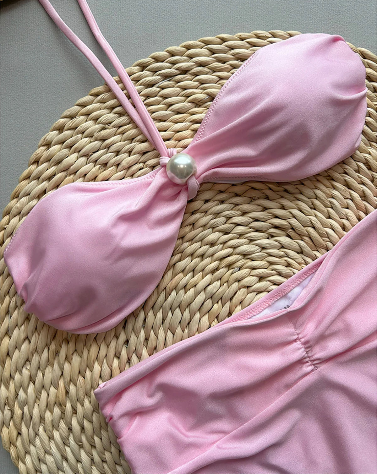 Pearl Detail High Waist Halter Bikini Set