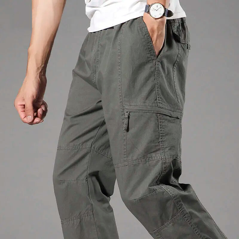 Men's Cotton Cargo Pants - Spring Autumn Multi-Pocket Drawstring Trousers