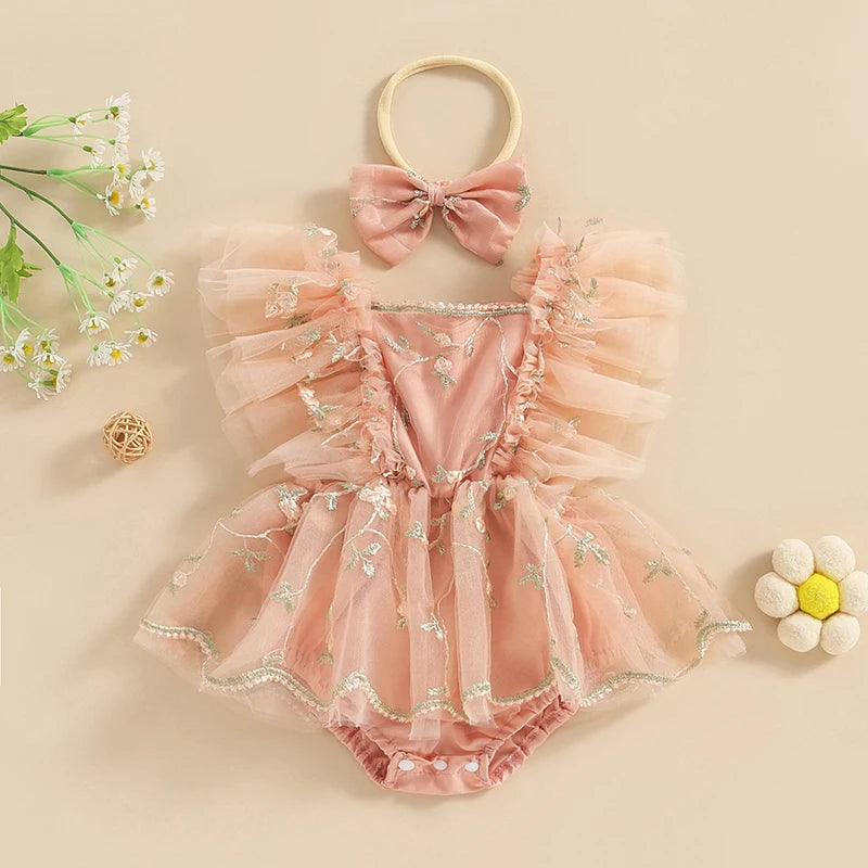 Baby Girls Summer Romper Dress with Headband - Floral Embroidery Tulle Jumpsuit