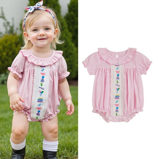 Baby Girls Birthday Romper with Cake Embroidery - Plaid Doll Collar Jumpsuit (0-24M)
