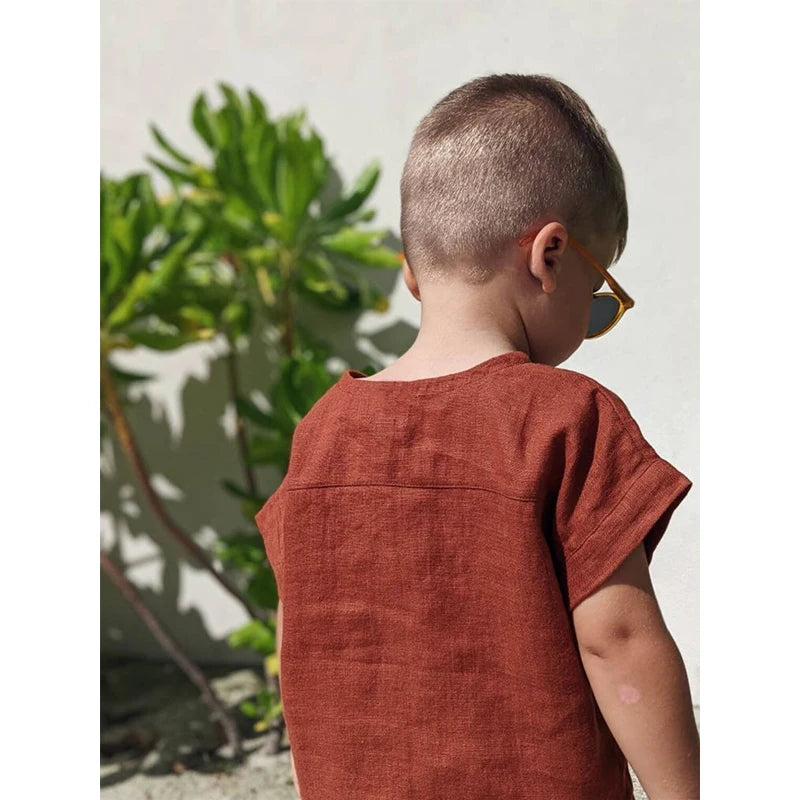 Children's Boy's Round Neck Buttons Short-Sleeved Linen Top