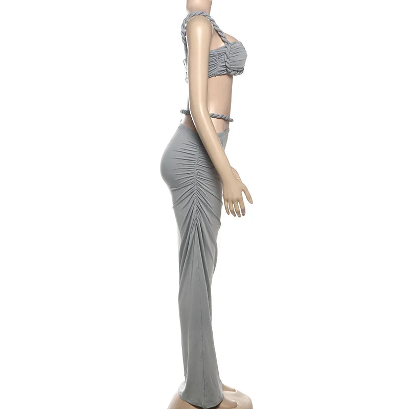 Women's Ruched Bandage 2 Piece Set Backless Decorative Cord Top and Skirt Dress Set