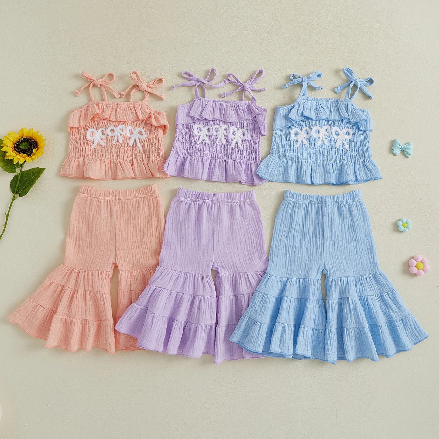 0-6Y Kids Girls Summer Clothes Set Bow Embroidery Tie-Strap Tank Top with Solid Color Flare Pants
