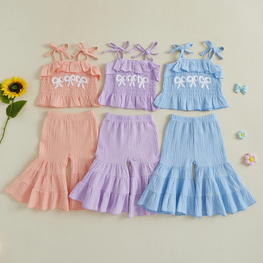0-6Y Kids Girls Summer Clothes Set Bow Embroidery Tie-Strap Tank Top with Solid Color Flare Pants