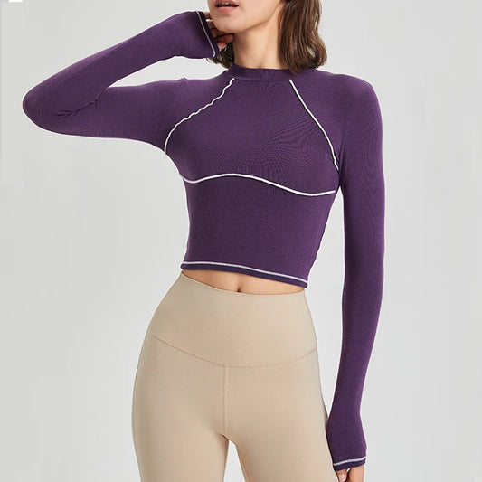 Women's Long Sleeve Yoga Shirt Striped Slim Fit Gym Running Top Round Neck Blouse Breathable Soft Workout Sportswear