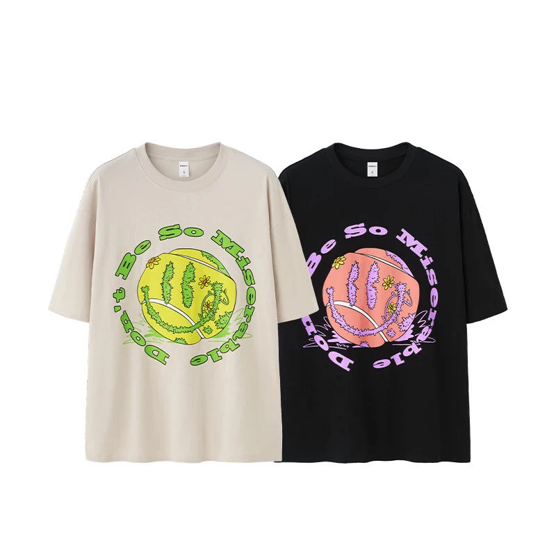 Men's Tennis Graphic Cotton T-Shirt American Vintage Tee Streetwear Loose Fit Crew Neck Short Sleeve