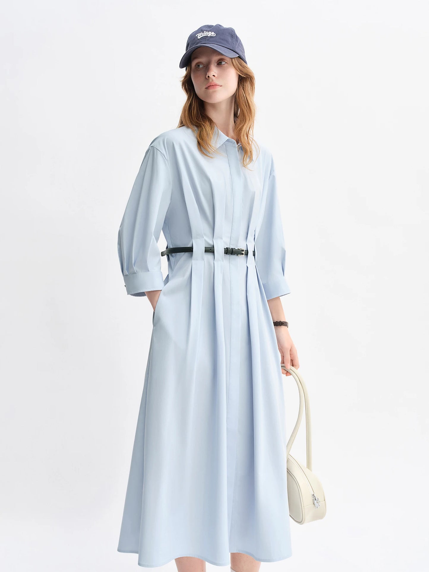 Vertical Striped Shirt Dress with Pleated Design and Belt