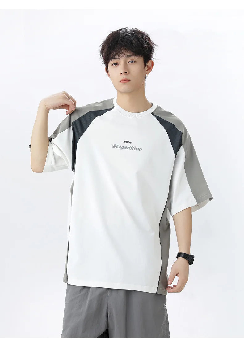 Men's Sports T-Shirt Mesh Breathable Colour Block Letter Print Short Sleeve