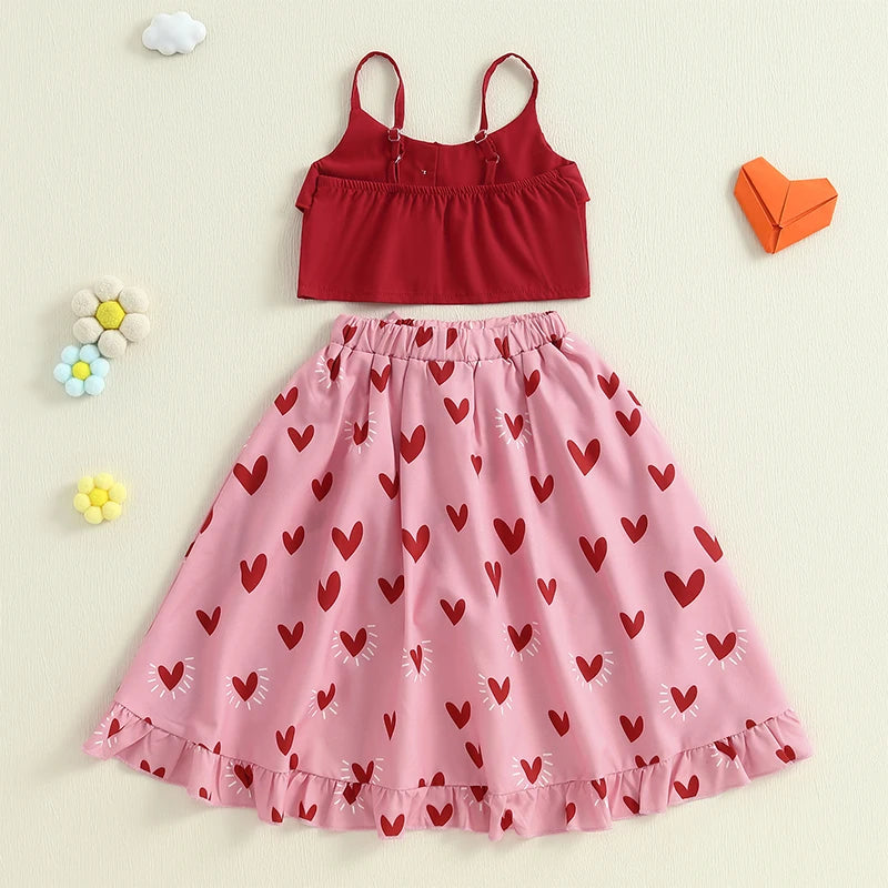 3-6Y Kids Girls Clothes Set Outfit Heart Print Sleeveless Camisole Low Ruffles Skirt Shorts Set