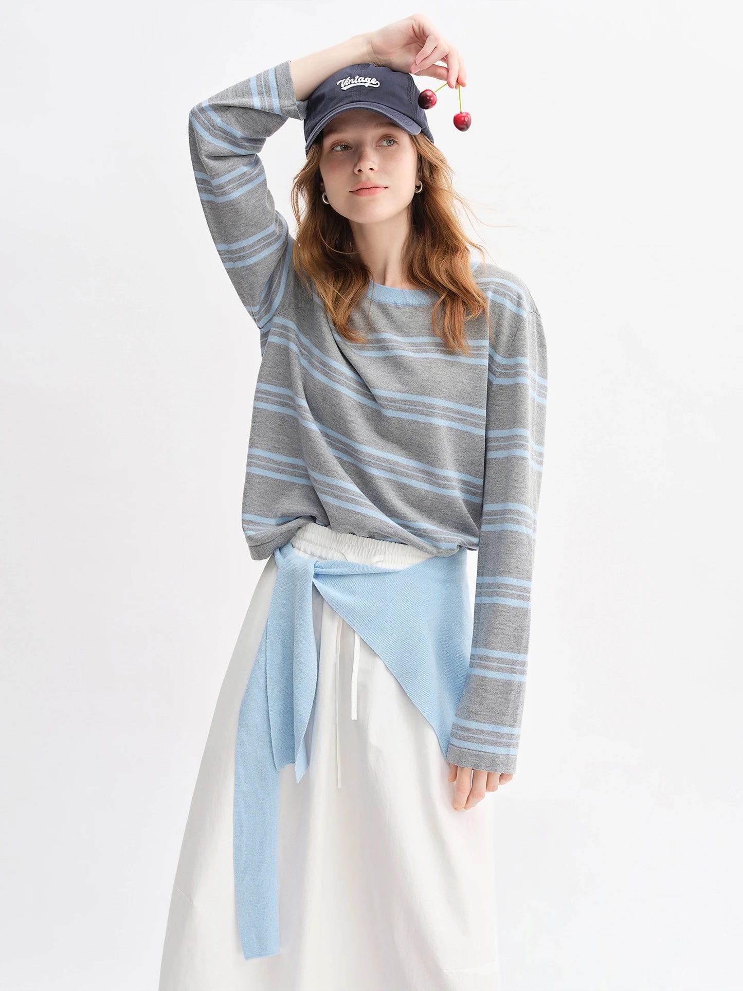 Striped Shawl and Sweater Skirt Set - Contrasting Knit Two-Piece