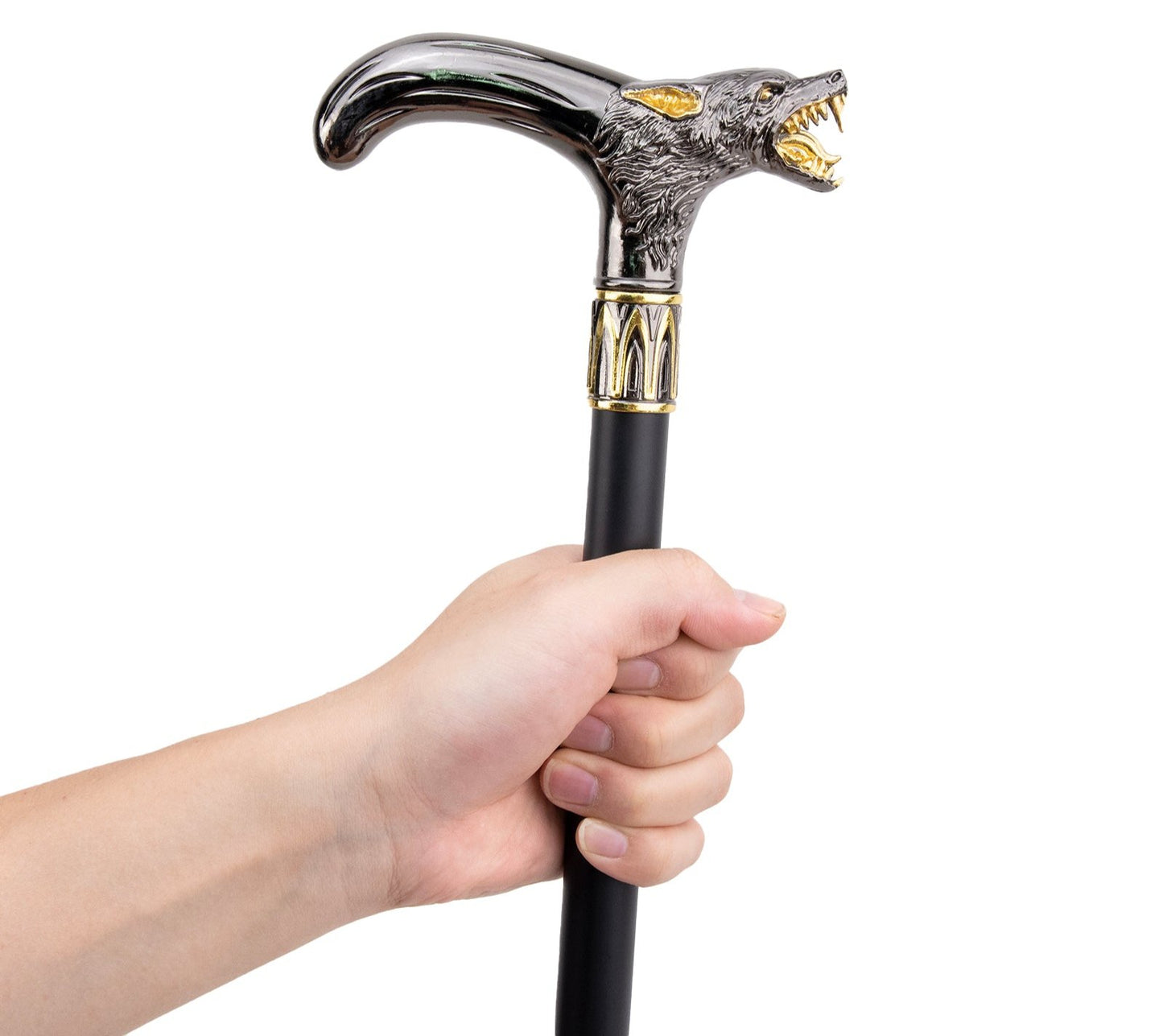 Golden Black Wolf Head Biting Walking Cane  93cm