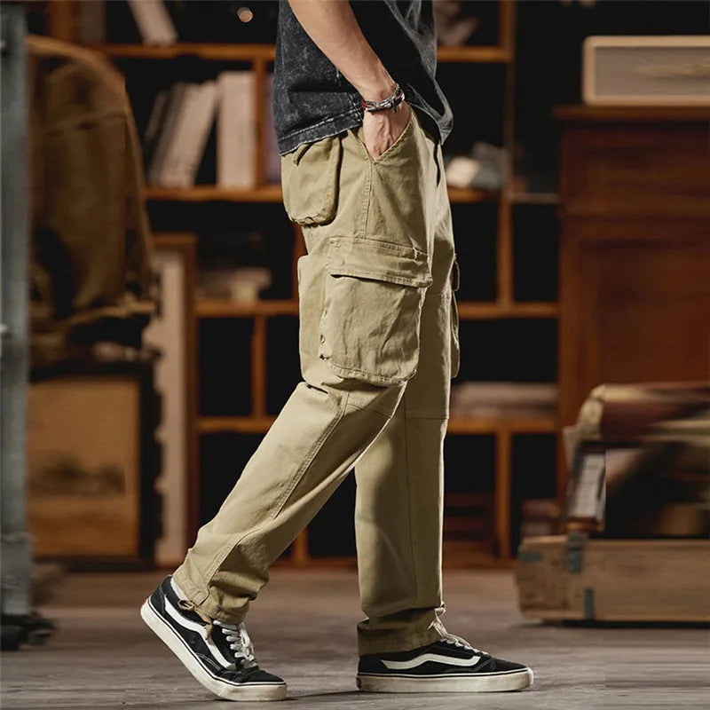 Men's Cargo Multi Pockets  Vintage Full Length 97% Cotton 3% Spandex Trousers