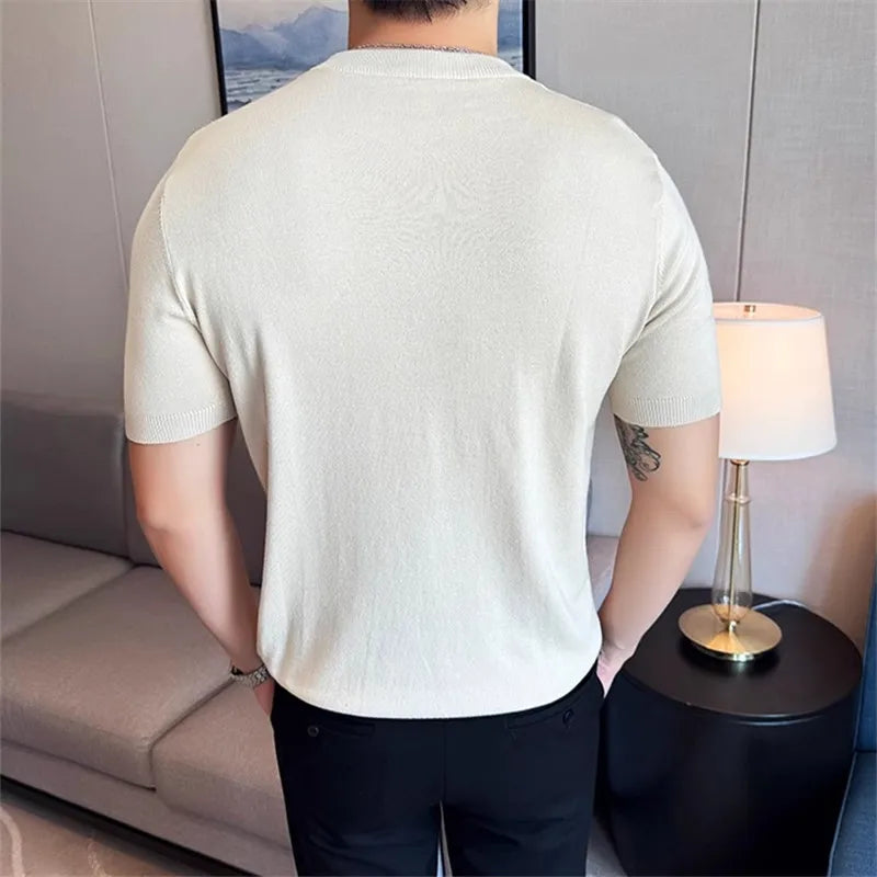 Men's Summer knitted Polo Short Sleeve Smart Casual Henry Collar Slim Fit Knit Shirt