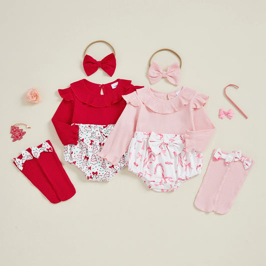 Baby Girls Christmas Romper Set - Santa Tree Bow Print Long Sleeve Ruffle Jumpsuit with Headband & Socks