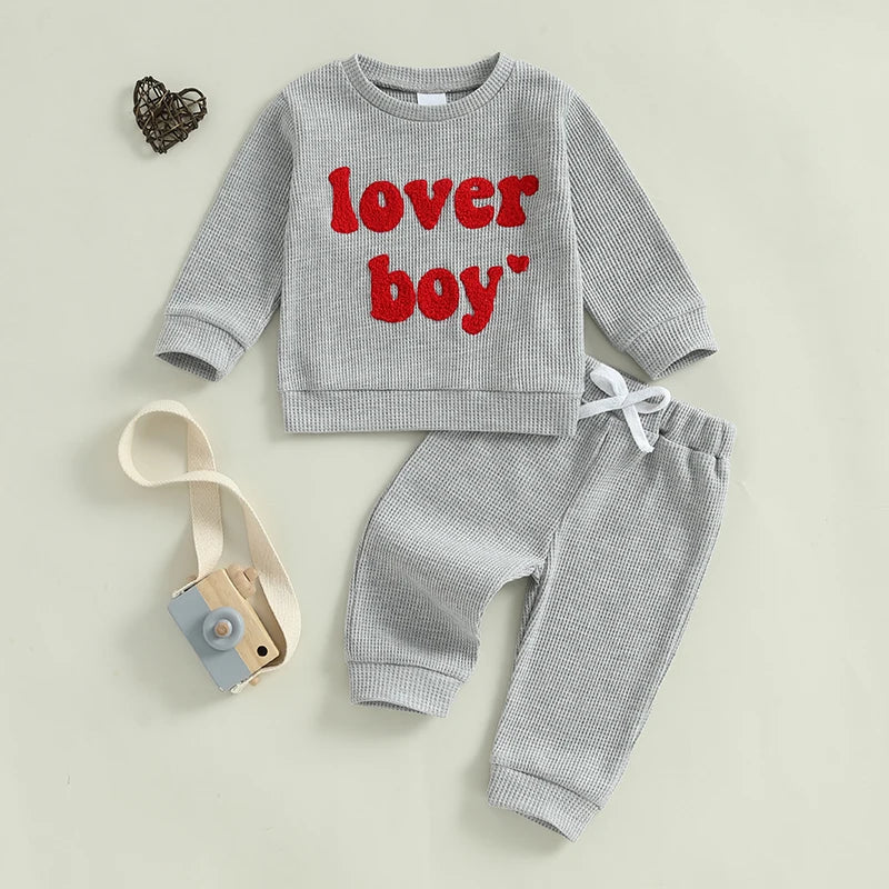 0-3Y Baby Boys Valentine's Day Clothes Sets Letter Embroidery Ribbed Long Sleeve Sweatshirts Drawstring Pants