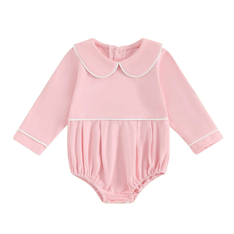 Baby Romper with Doll Collar - Long Sleeve Contrast Line Bodysuit