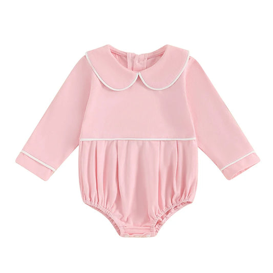 Baby Romper with Doll Collar - Long Sleeve Contrast Line Bodysuit