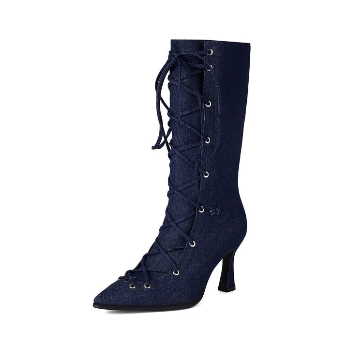 Women's Denim Blue 8cm Short Heel Ankle Boots