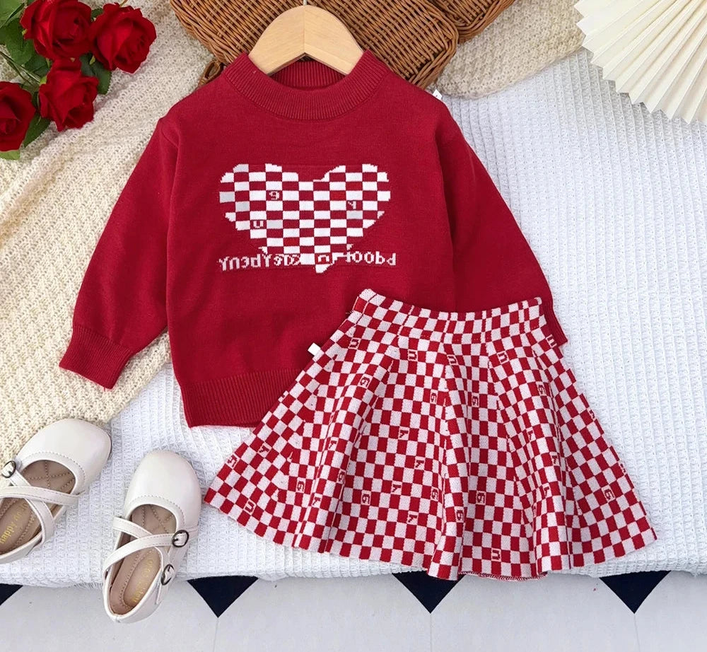 Girl's Heart-shaped Printed Round Neck Red Top and plaid Pleated A-line Skirt Set