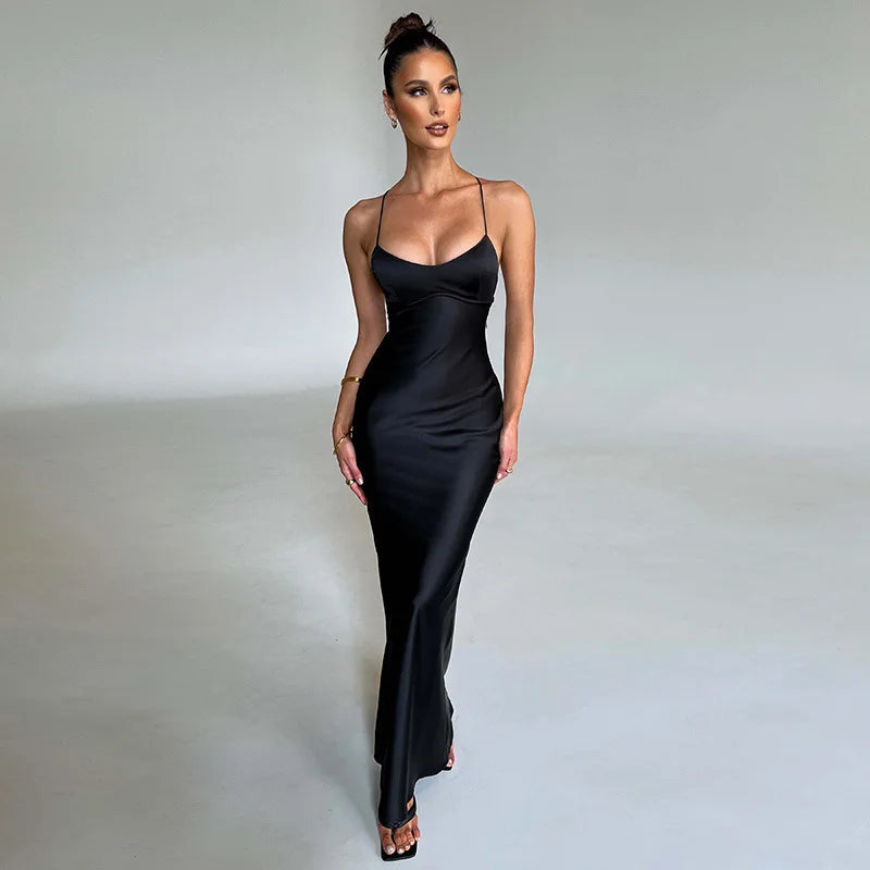 Women Backless Bandage Party Maxi Dress - Satin Fall Outfits Elegant Gown Lace Up Slip Dress