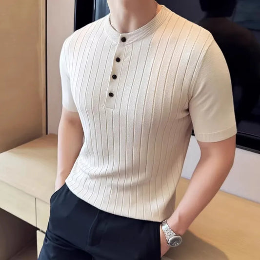 Men's Summer knitted Polo Short Sleeve Smart Casual Henry Collar Slim Fit Knit Shirt