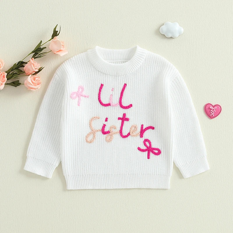 0-3Y Baby Girls Sister Sweater Letter Bowknot Embroidery Crew Neck Long Sleeve Kids Pullovers Casual Top