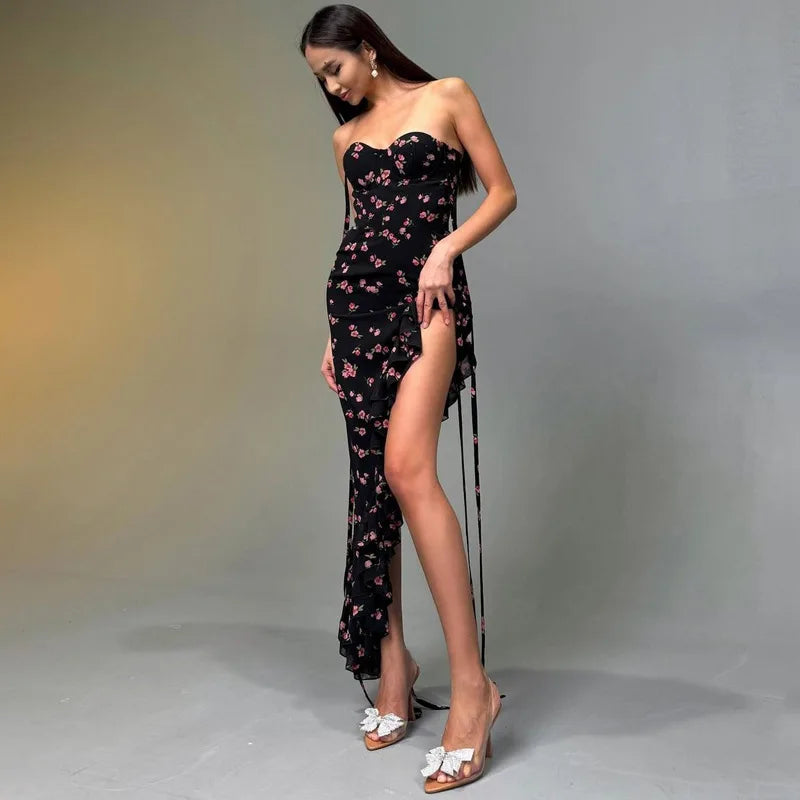 Women's Floral Slit Spaghetti Strap Ruffle Long Dress