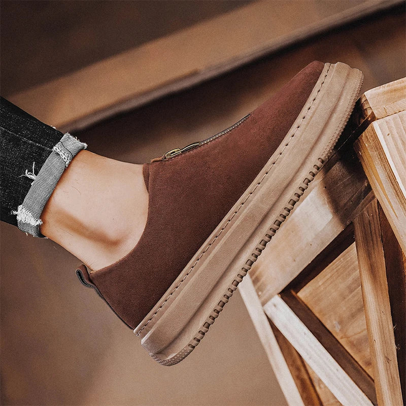 Men's Suede Leather Platform Work Shoes - Zipper Casual Business Sneakers