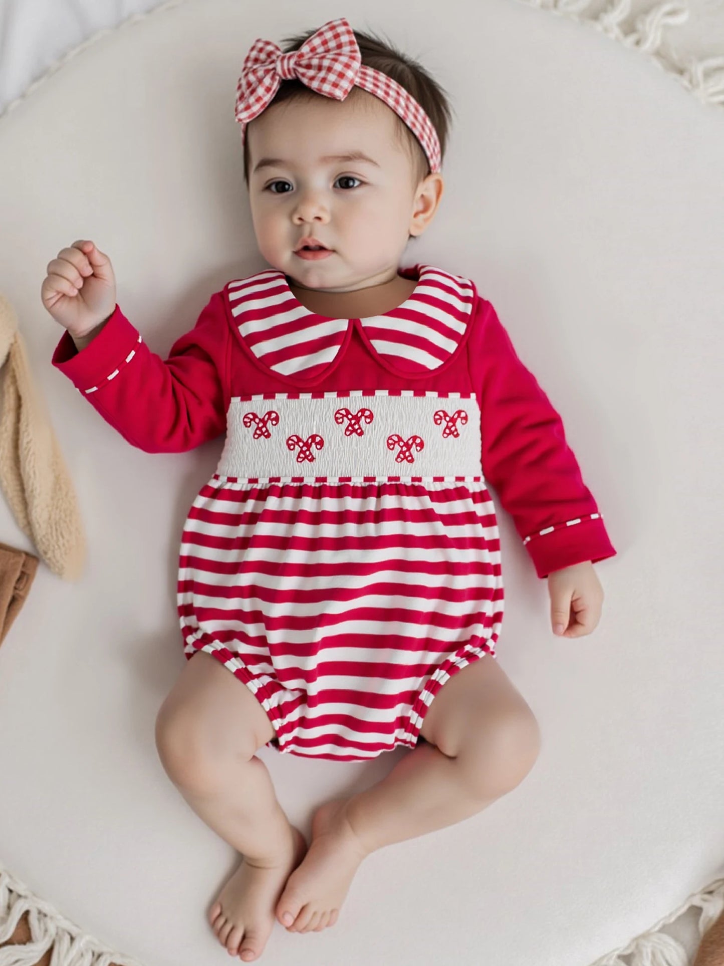 Baby Christmas Romper - Candy Cane Embroidery Long Sleeve Smocked Striped Jumpsuit