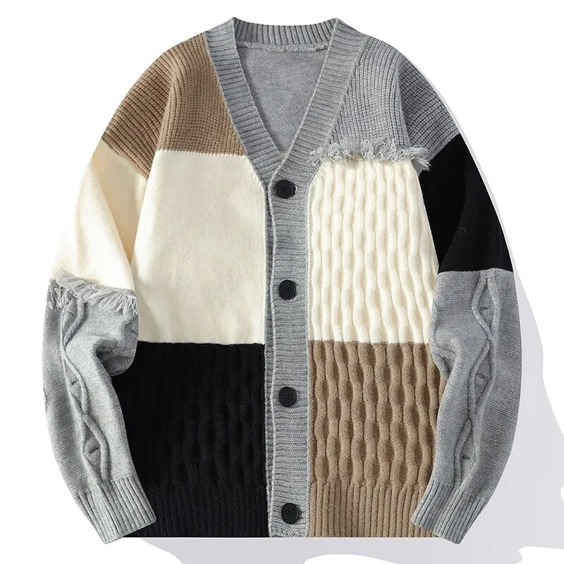 Men's Patchwork Knit Cardigan Sweater - Casual Loose Sweatercoat Jacket