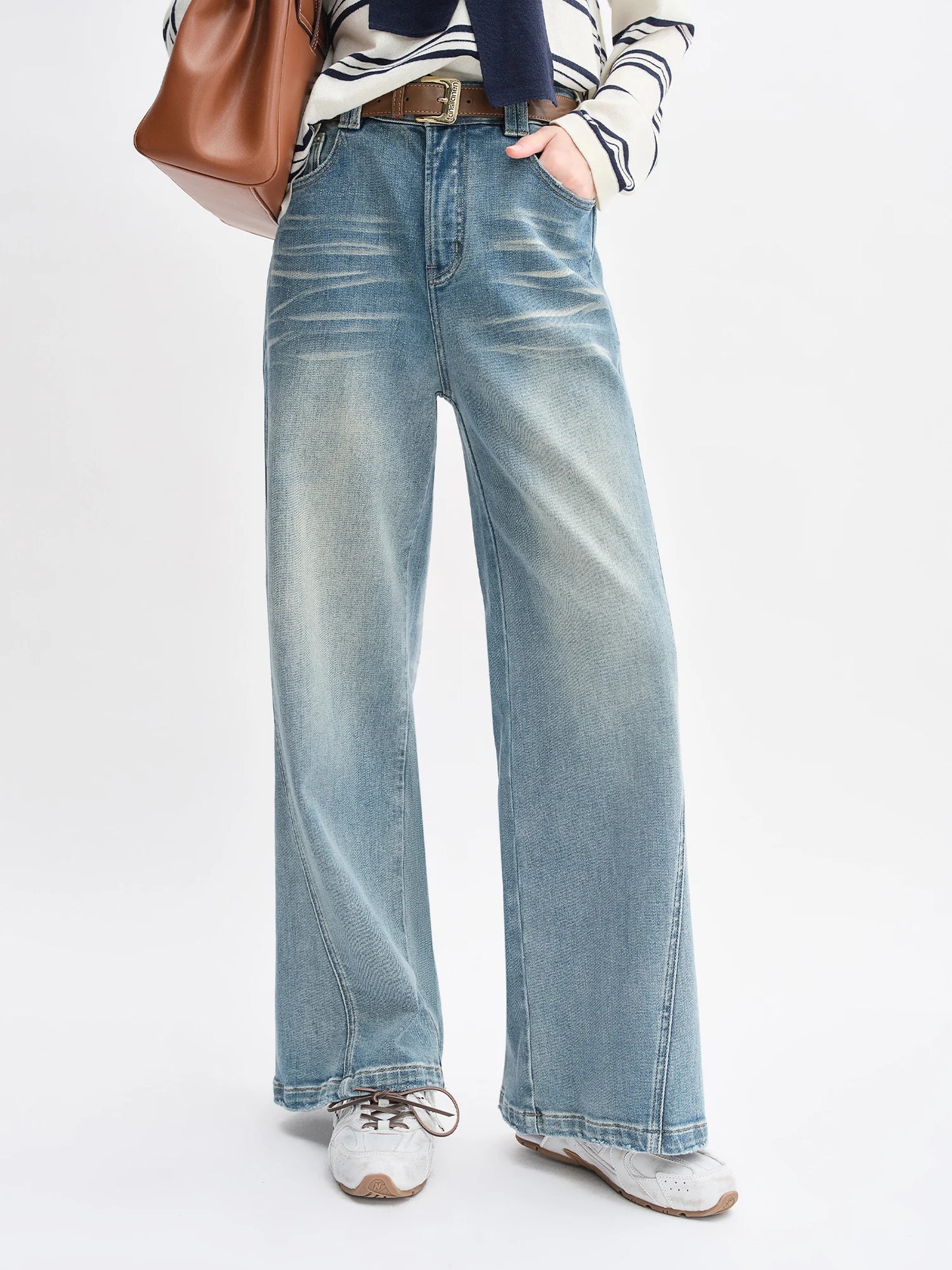 Plus Size Retro Washed Blue Straight Jeans - High Waist Wide Leg Design