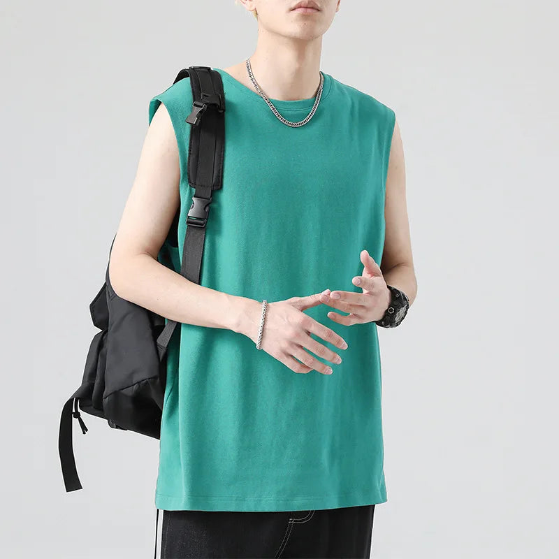 Men's Summer Cotton Sleeveless Loose Vest Sports Comfortable Breathable Round-Neck Tank Top