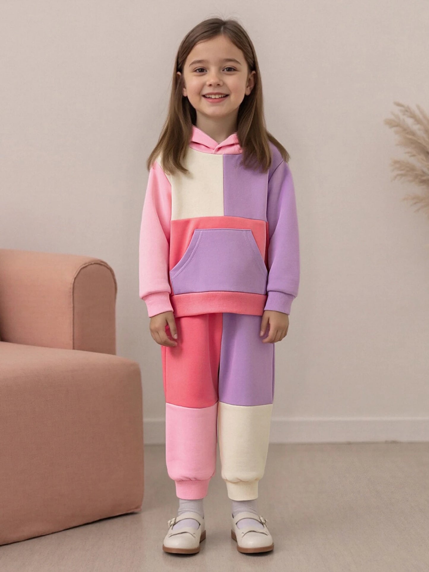 Kids Patchwork Hoodie and Pants Set - Casual Long Sleeve 2-Piece Outfit for Autumn Winter