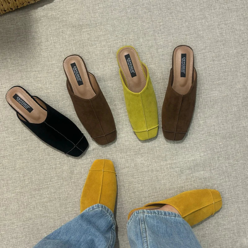 Women's Suede Square Toe Flat Slippers