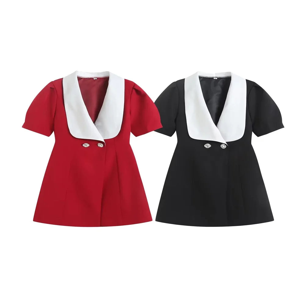 Women Bow Bubble Sleeve Hollowed Out Temperament Dress With Flip Collar