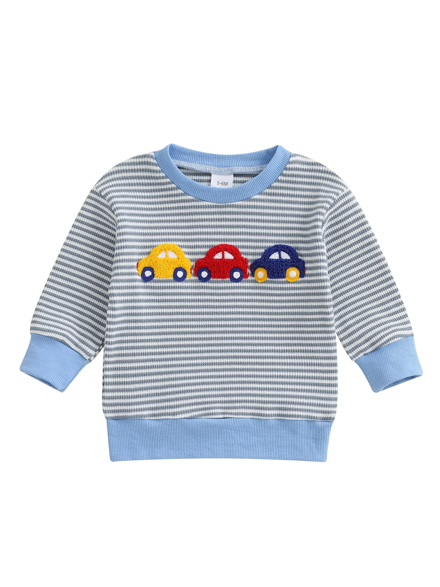 Baby Boys Car/Dinosaur Embroidered Striped Print Pullover Waffle Knit Top
