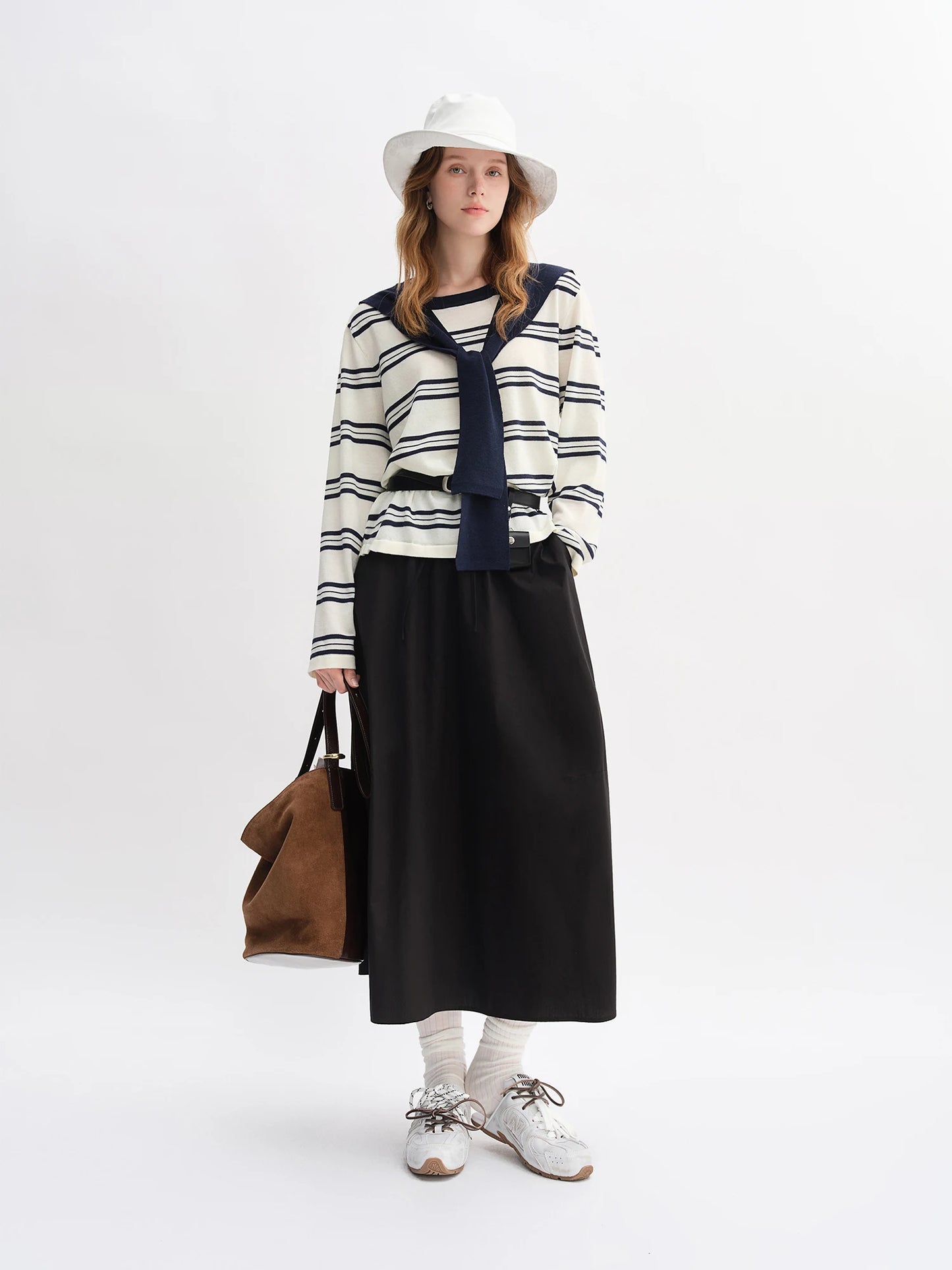 Striped Shawl and Sweater Skirt Set - Contrasting Knit Two-Piece