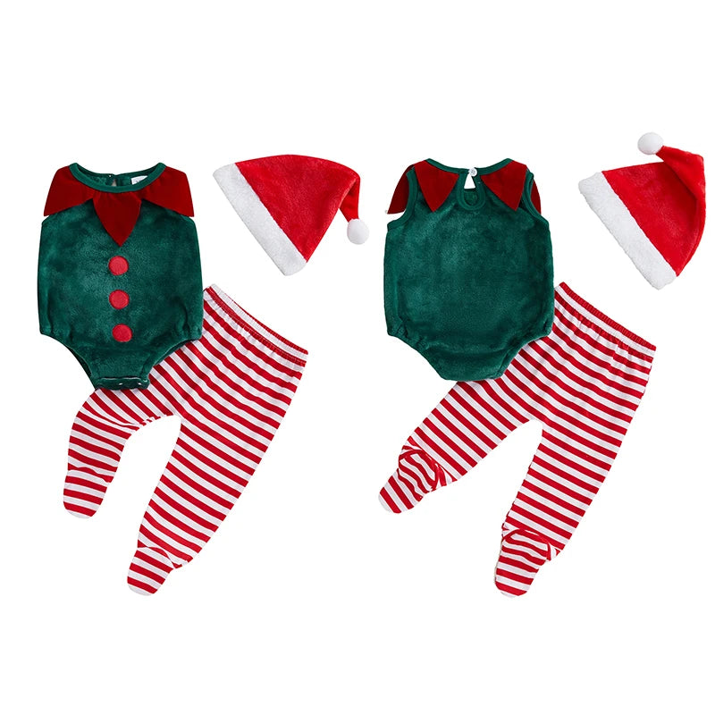 0-18M 3pcs Infant Baby Boys Christmas Clothes Sets Sleeveless O Neck Romper Striped Pants Hat Sets