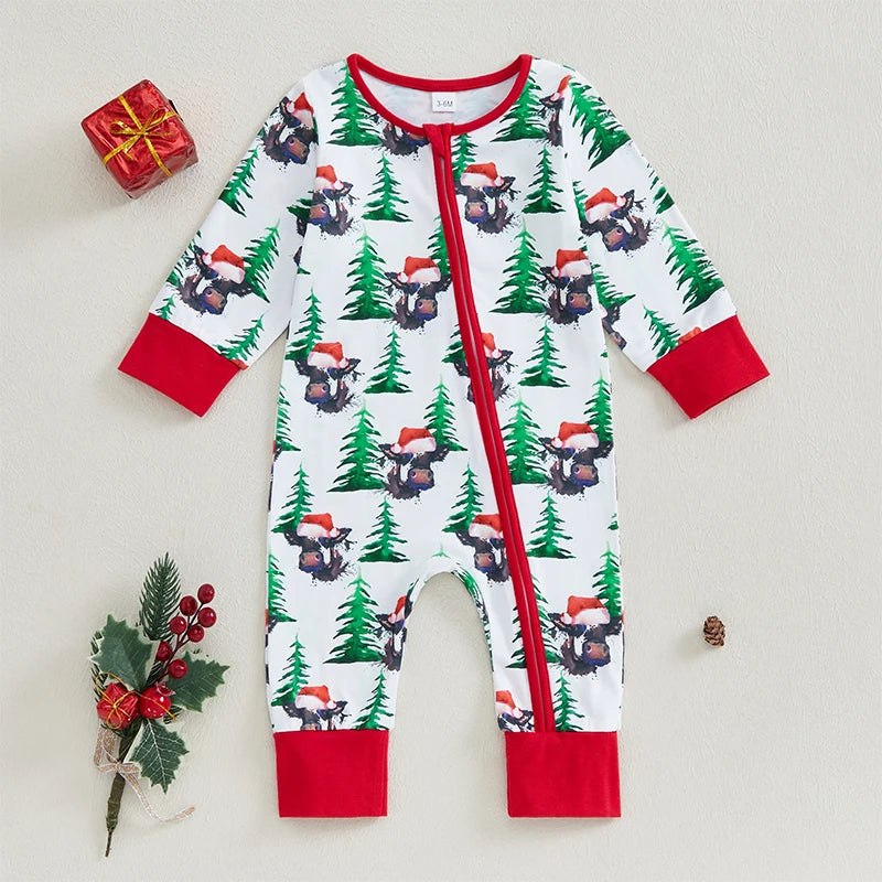 0-12M Baby Girls Boys Christmas Rompers Cow Print Long Sleeve Zipper Jumpsuits