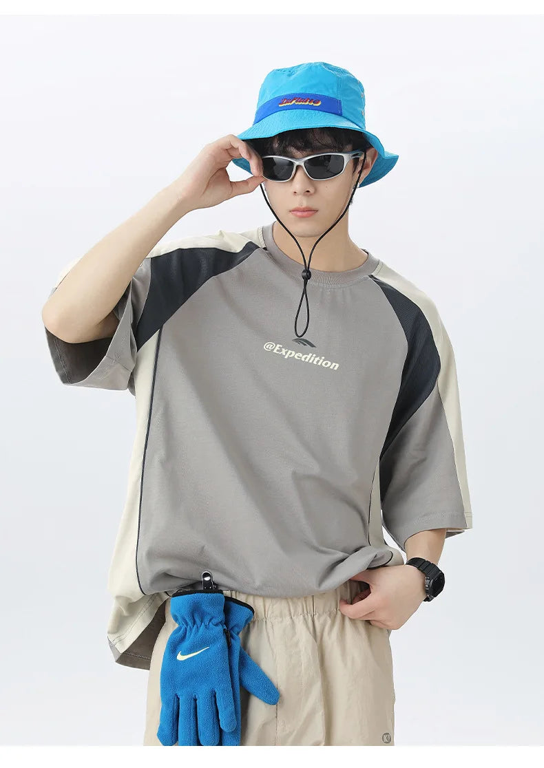 Men's Sports T-Shirt Mesh Breathable Colour Block Letter Print Short Sleeve