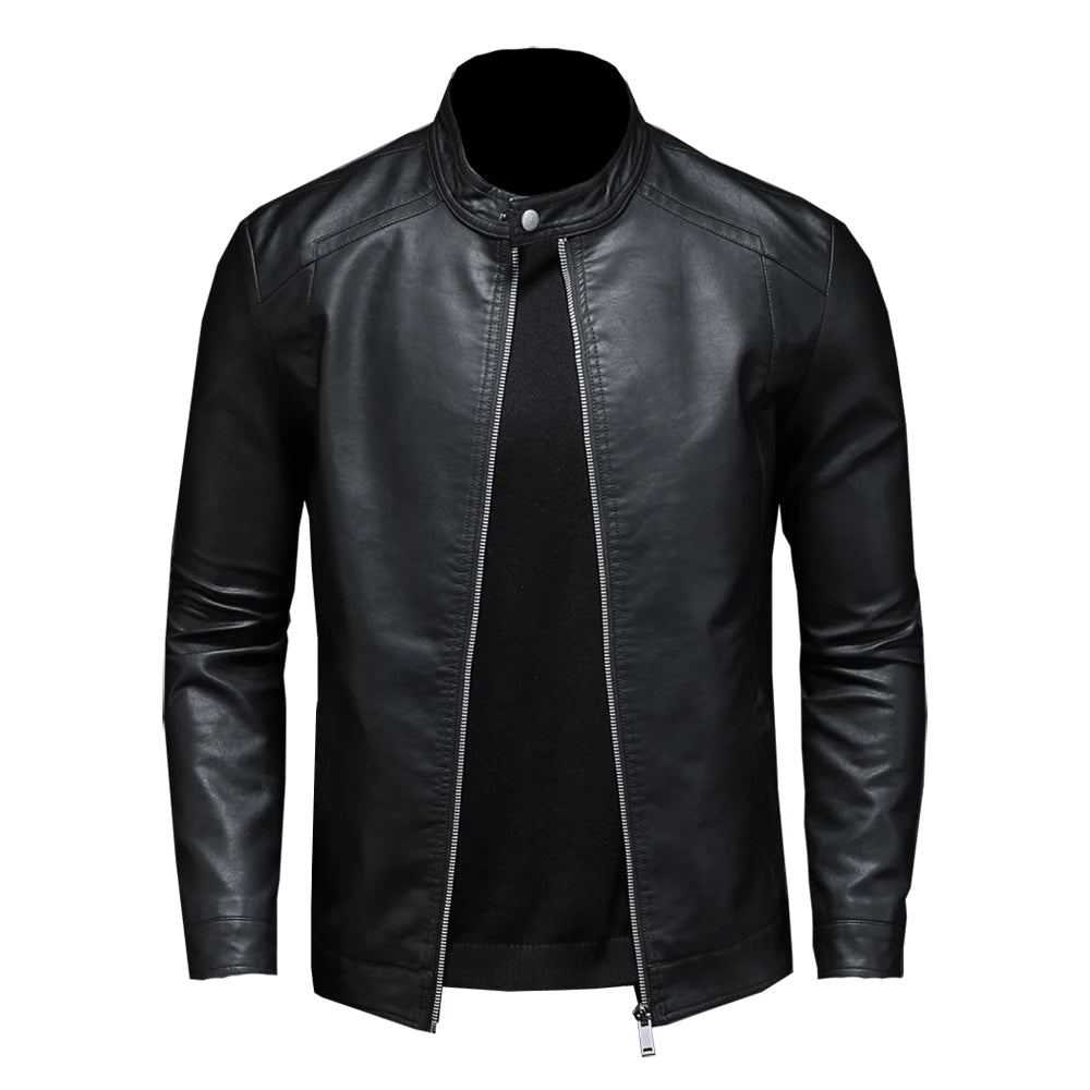 Men Stand Collar Slim Pu Leather Jacket