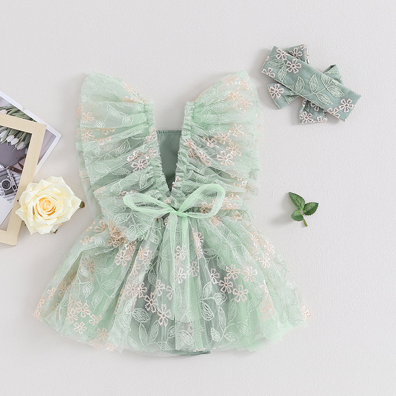 0-24M Toddler Baby Girl's Romper Dress Ruffles Flying Sleeve Floral Embroidery Tulle Jumpsuits Headband