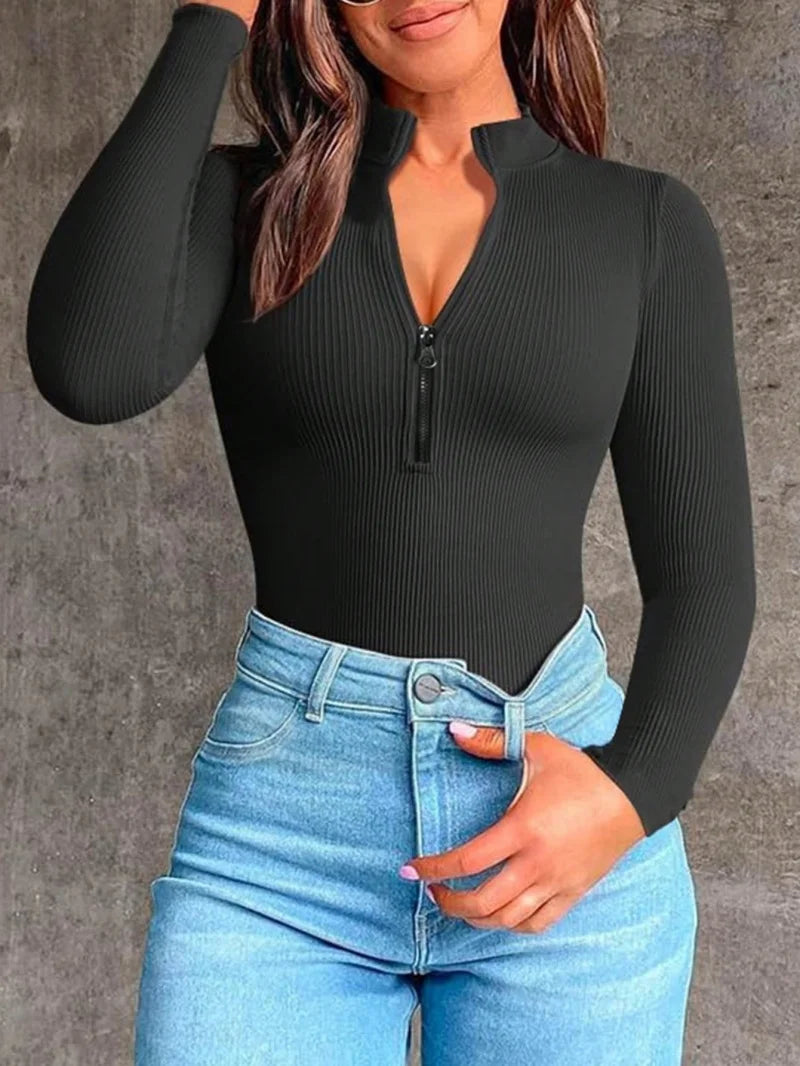 Women's Ribbed One Piece Zip Front Long Sleeve Top Bodysuit