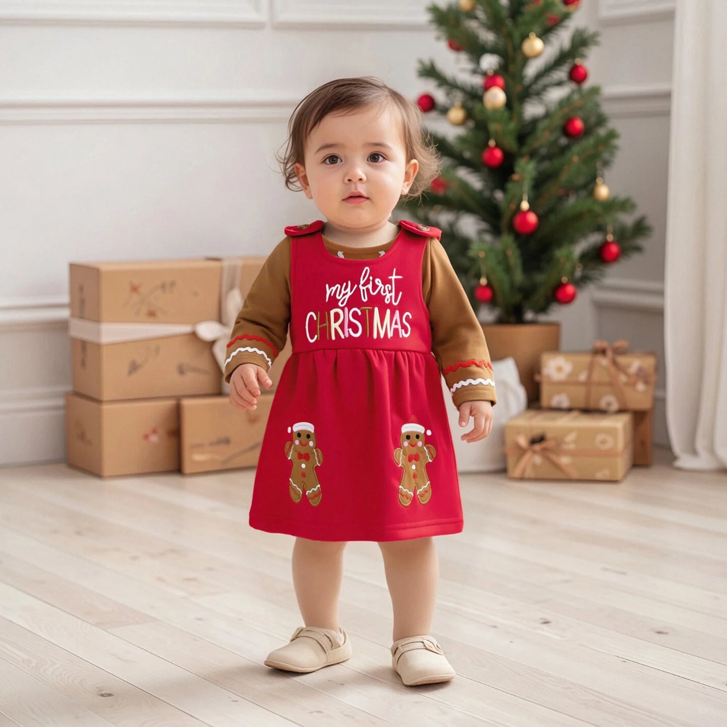 Baby Girls Christmas Clothes Set - Long Sleeve Romper & Gingerbread Man Embroidery Overalls Dress