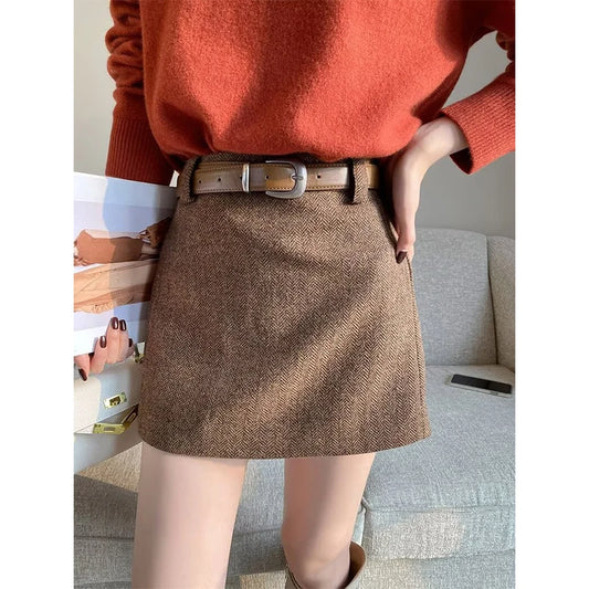 Vintage High Waist Woolen A-Line Mini Skirt - Elegant Office Wear Skirt