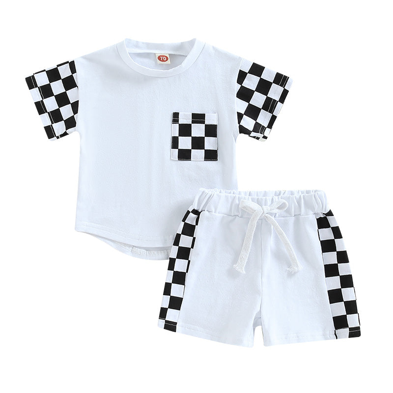 0-3Y Toddler Baby Boy Summer Clothes Sets Plaid Patchwork Short Sleeve Pocket T-Shirt and Elastic Waist Shorts