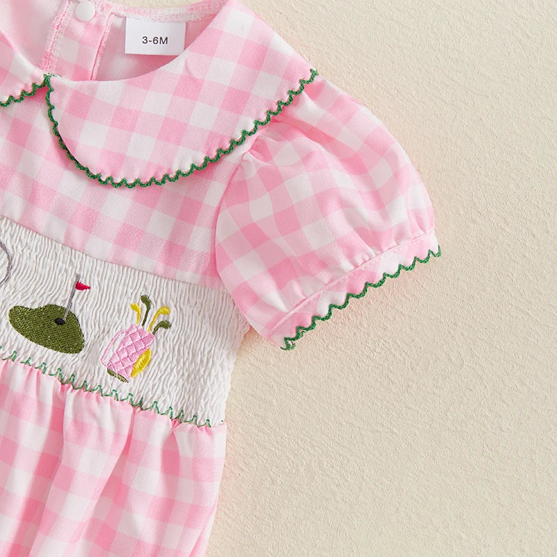 Baby Girls Summer Plaid Romper with Golf Embroidery - Doll Collar Jumpsuit (0-18M)