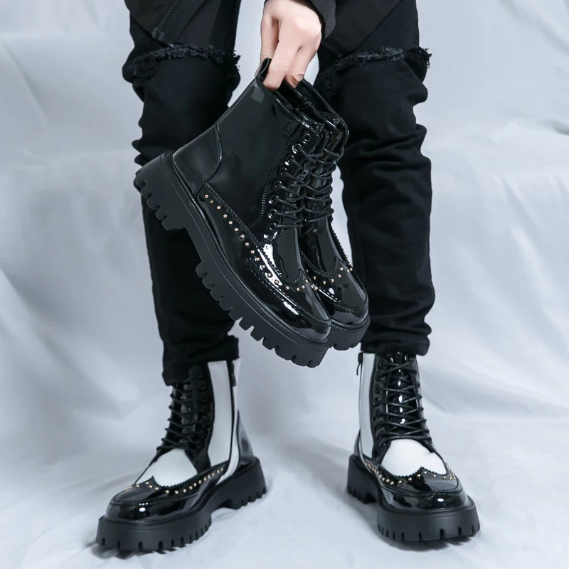 Platform Leather Boots - Men's Motorcycle Style Thick Sole Dress Sneakers