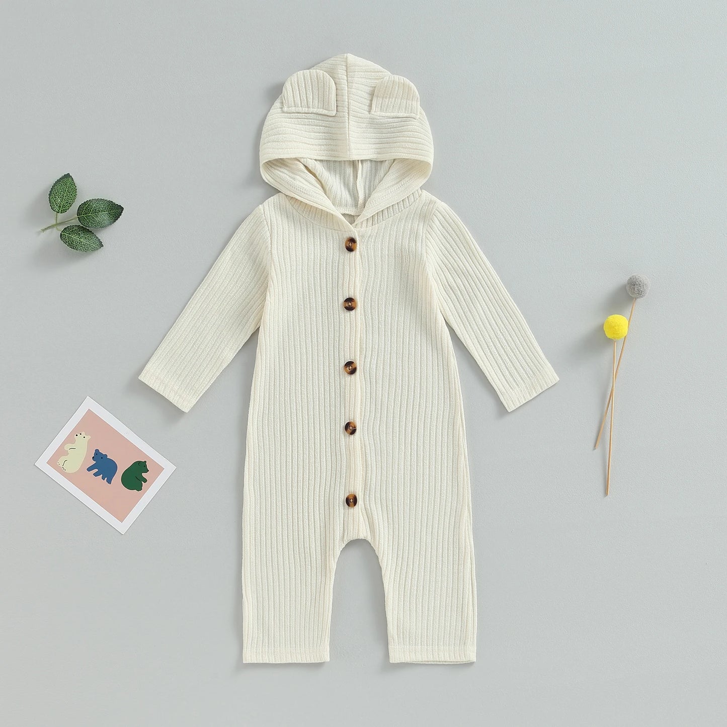 0-12M Autumn Baby Romper - Solid Colour Long Sleeve Hooded Jumpsuit for Boys & Girls