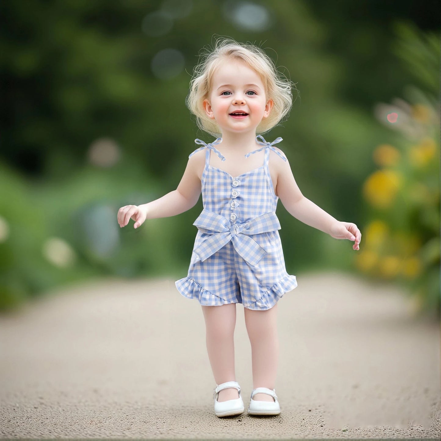 1-5Y Kids Girls Summer Jumpsuit Plaid Print Sleeveless Button Up Ruffle Trim Overalls with Belt